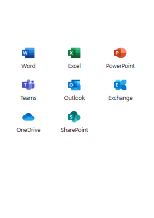 Anzeige Apps: Word, Excel. PowerPoint, Teams, Outlook, Exchange, OneDrive, SharePoint